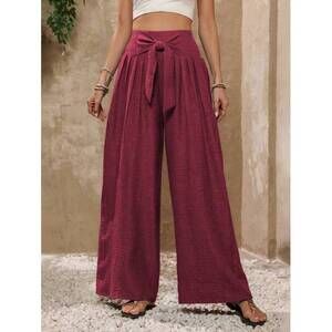 EMERY ROSE Vacation Casual Solid Color High Waist Tie Waist Wide Leg Pants